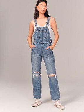 ABERCROMBIE & FITCH Medium Wash Distressed 100% Cotton Denim Overalls, Size XS